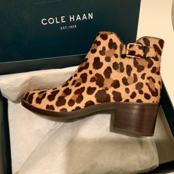 COLE HAAN Harrington Grand Genuine Calf Hair Bootie Leather Leopard Ankle Boots - Picture 8 of 9